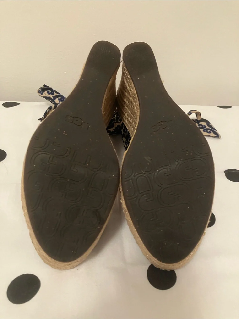 UGG Navy and Beige Printed Espadrille Wedge Sandals with Ankle Ties